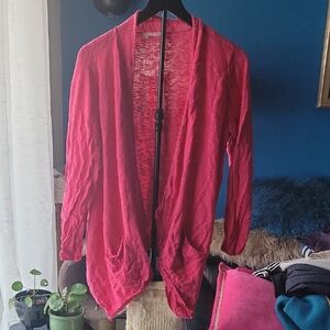 Eileen Fisher 1x Slub Waterfall Cardigan Linen Cotton Pockets Hot Pink Magenta